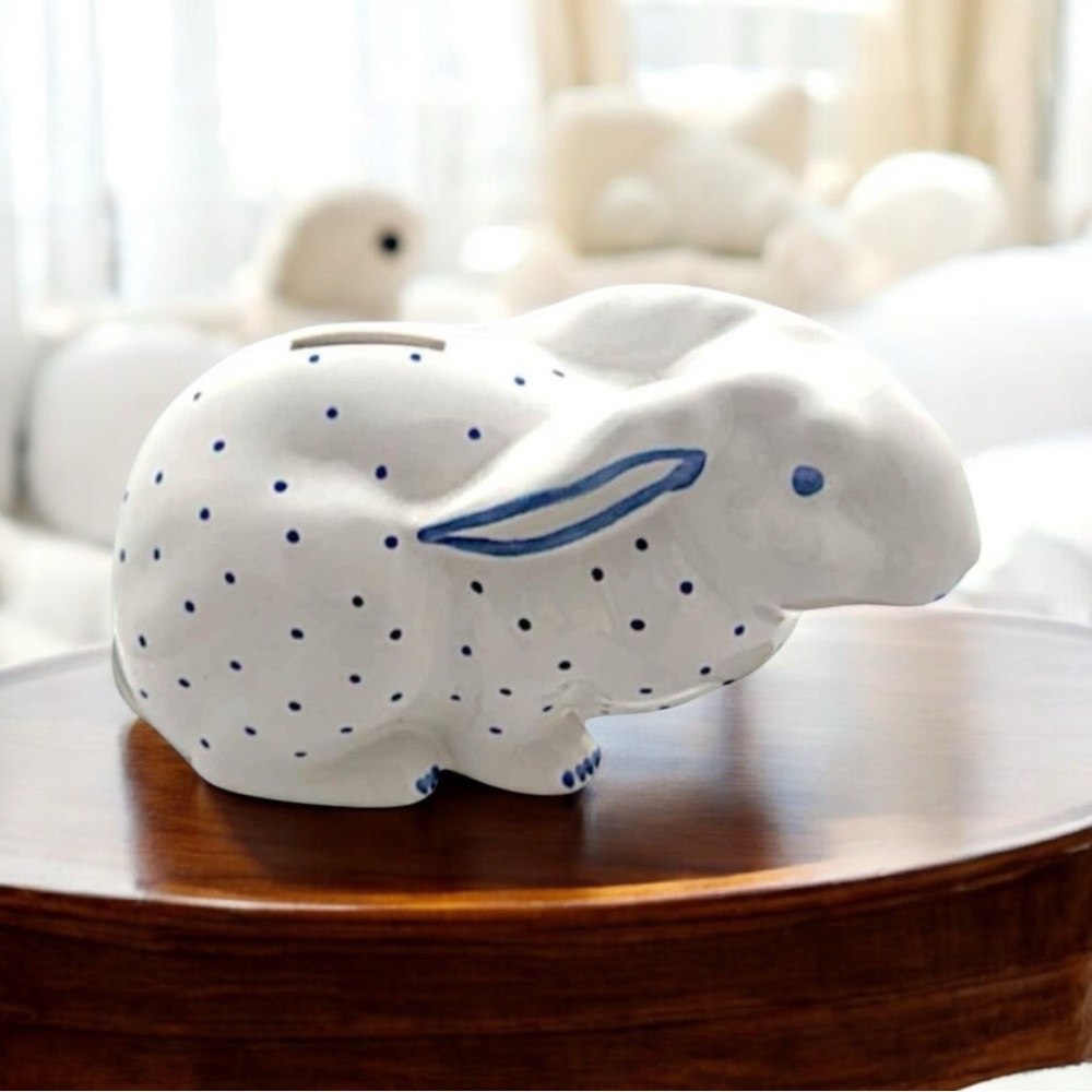 Tiffany & Co. Blue & White Polka Dot Grandmillenial Bunny Rabbit Coin Bank